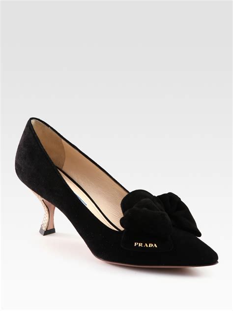 prada black suede heels with bows|Prada chunky heel pumps.